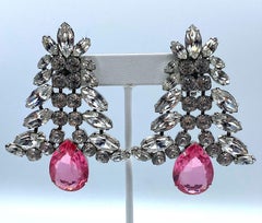 1980s Large Round and Marquise Rhinestone Earrings with Pink Crystal Stone