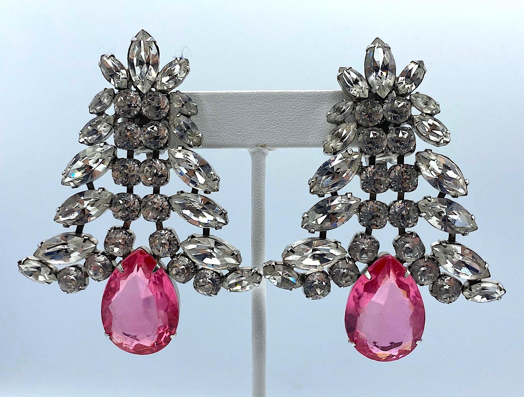 Pear Cut 1980s Large Round and Marquise Rhinestone Earrings with Pink Crystal Stone