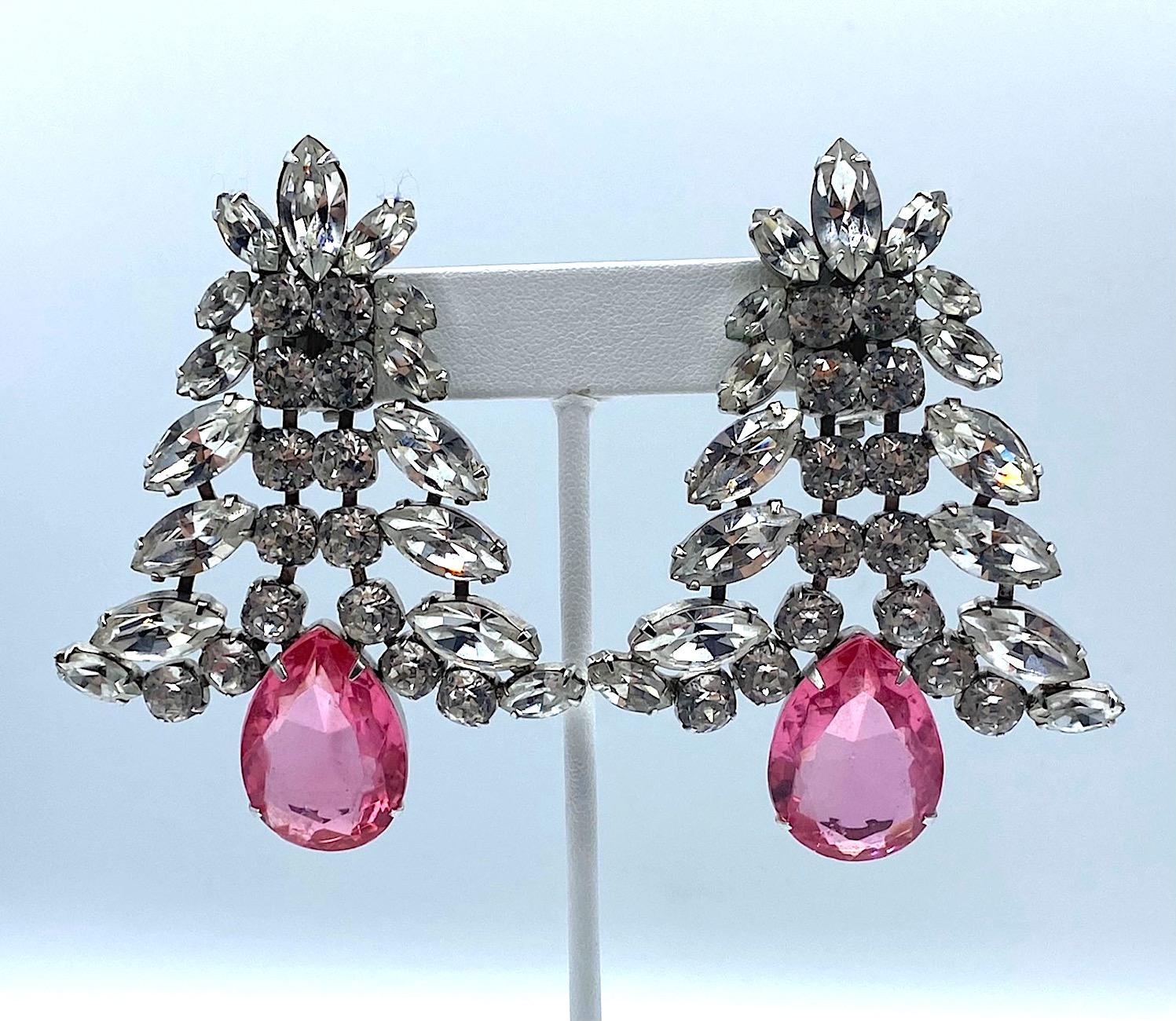 1980s Large Round and Marquise Rhinestone Earrings with Pink Crystal Stone In Excellent Condition In New York, NY