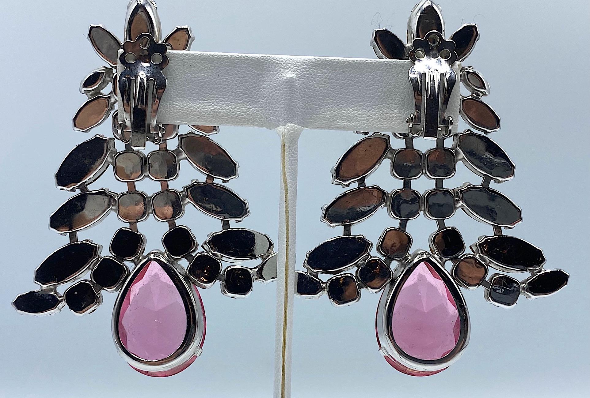 1980s Large Round and Marquise Rhinestone Earrings with Pink Crystal Stone 1