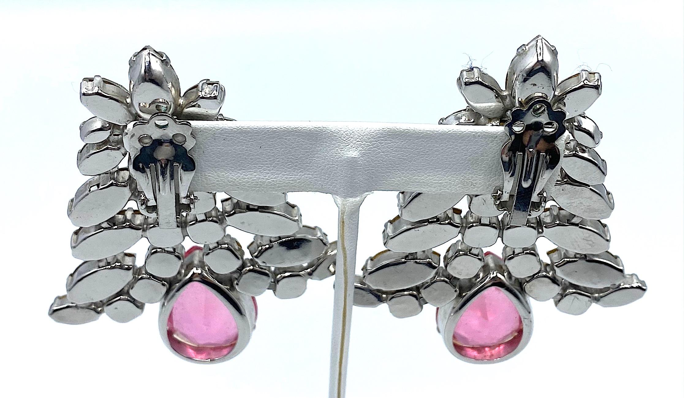 1980s Large Round and Marquise Rhinestone Earrings with Pink Crystal Stone 2