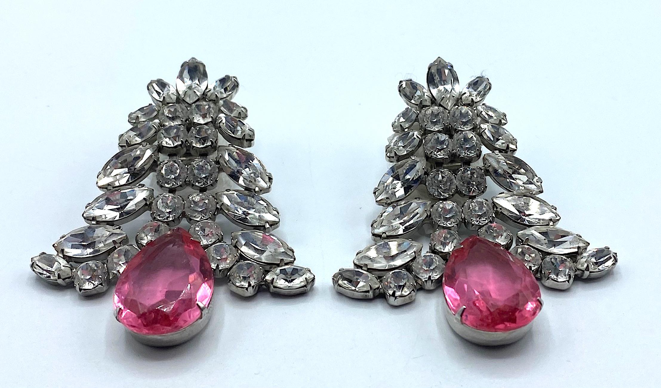 1980s Large Round and Marquise Rhinestone Earrings with Pink Crystal Stone 3