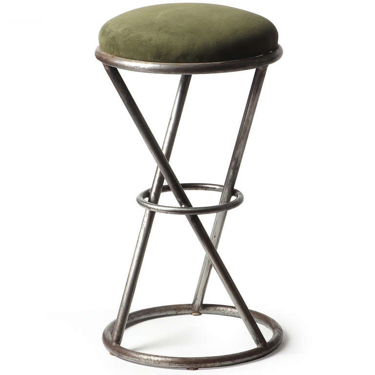 Art Deco 1980s Large Scale Chareau Inspired Suede Upholstered Tubular Steel Bar Stools For Sale