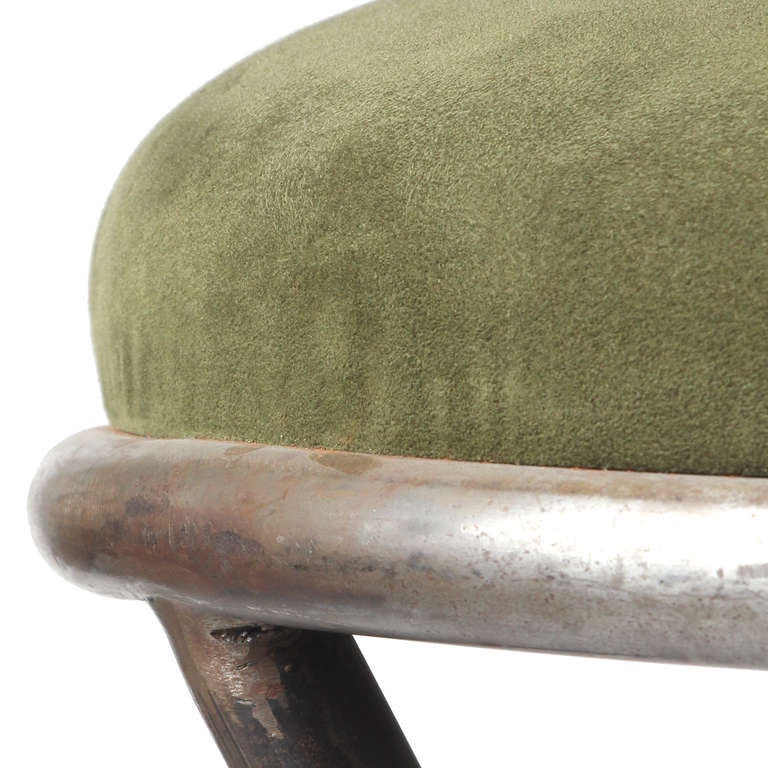 French 1980s Large Scale Chareau Inspired Suede Upholstered Tubular Steel Bar Stools For Sale