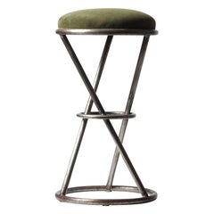 1980s Large Scale Chareau Inspired Suede Upholstered Tubular Steel Bar Stools