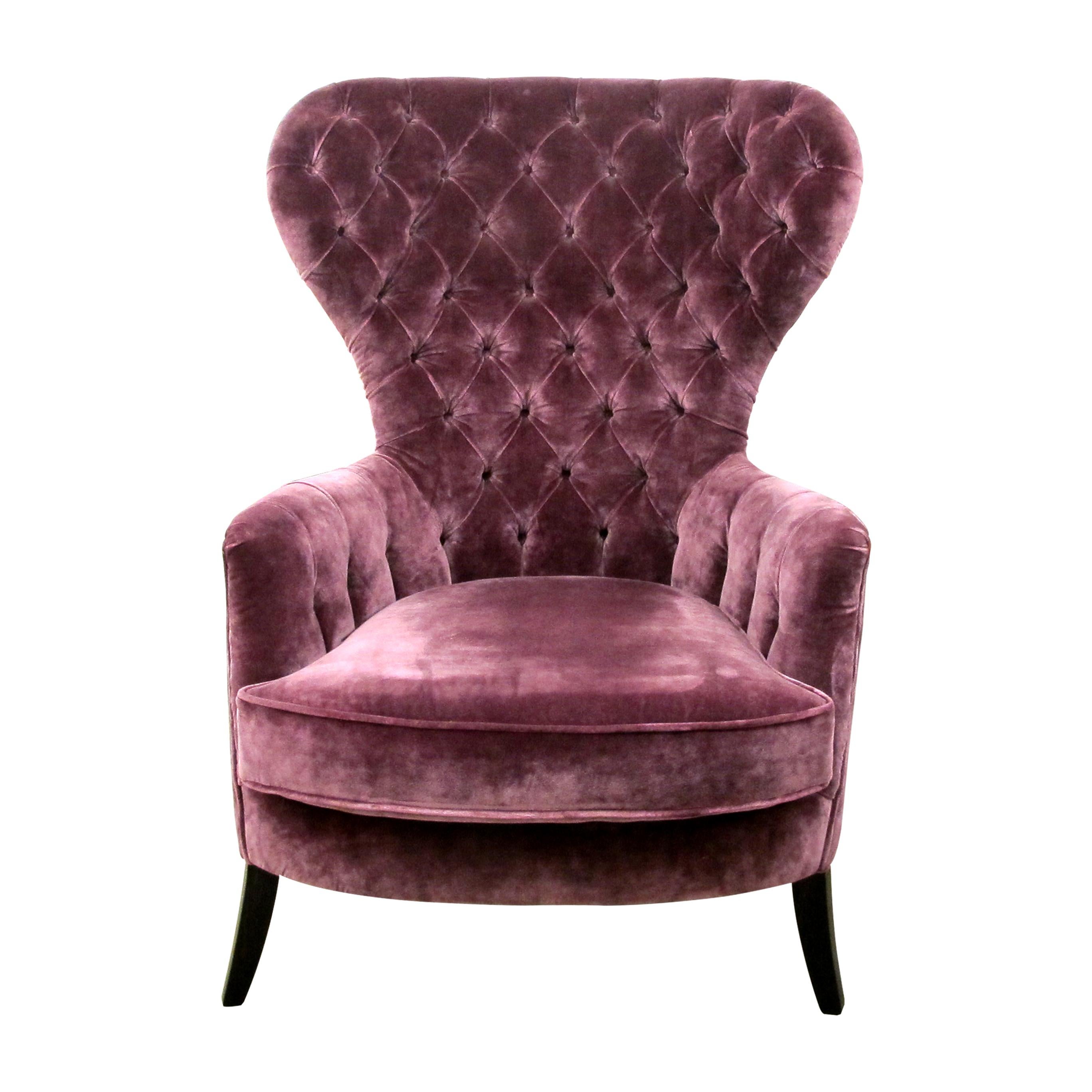 Elegant 1980s custom-made wingback chair often referred to as a “Wing Chair” with generous curves and padding, upholstered in a deep purple velvet fabric. The chair is very comfortable with great back support and is in great condition.

Size: H115