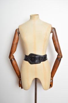 1980’s Large Statement Black Ostrich Skin Leather Waist Buckle Belt