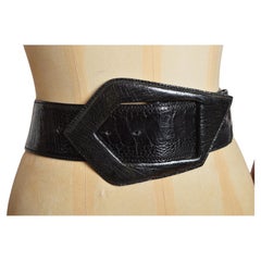 1980’s Large Statement Black Ostrich Skin Leather Waist Buckle Belt