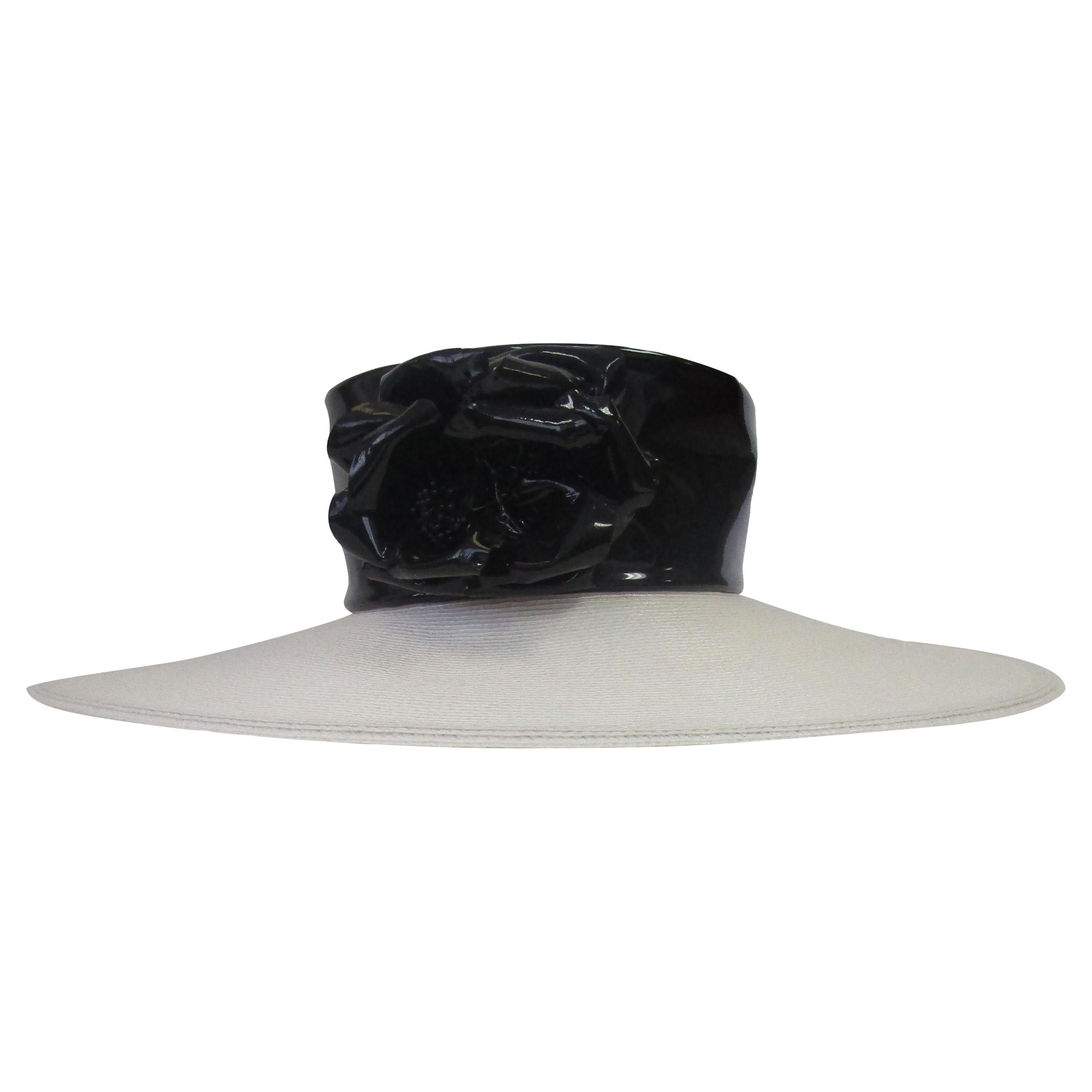 1980s Large White Brim Hat with Black Patent Flower 