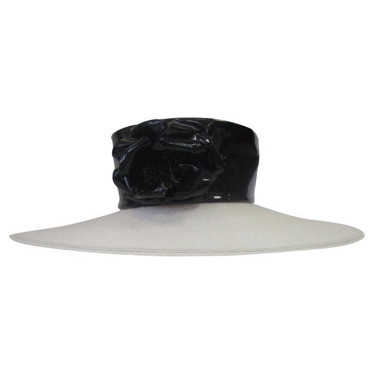 1980s Large White Brim Hat with Black Patent Flower  For Sale