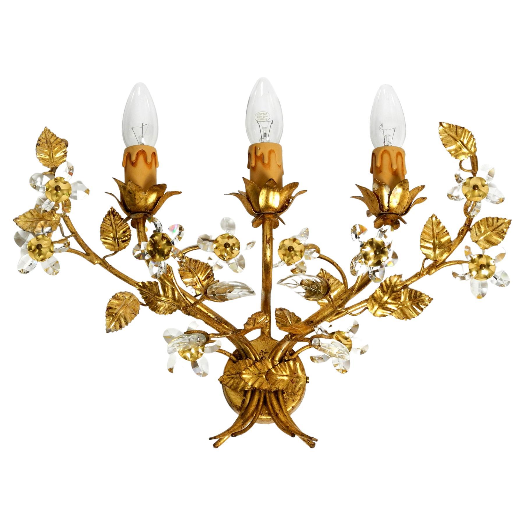 1980s Large Wide Italian Gilt Florentine Wall Lamp with Three Sockets For Sale