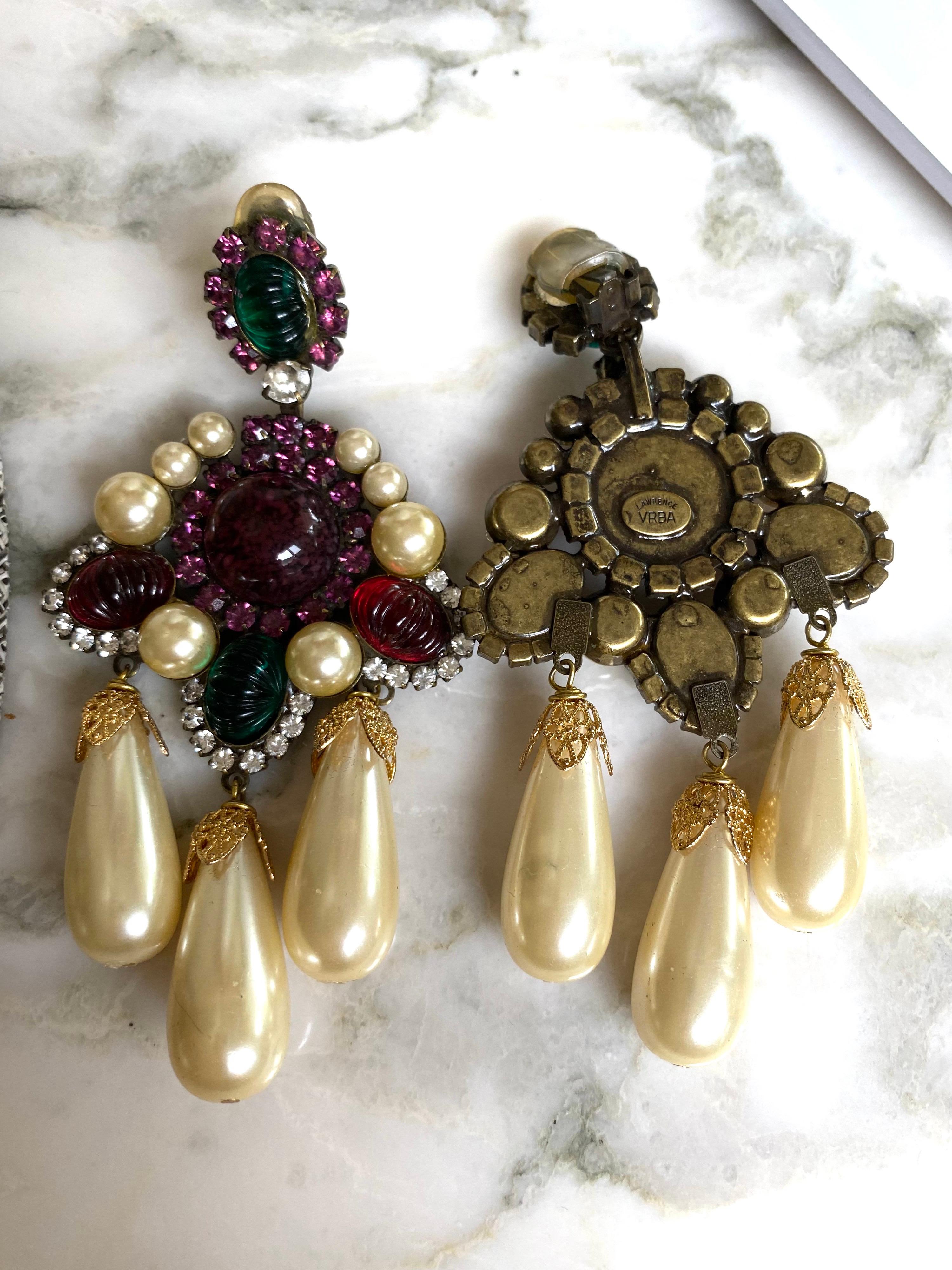 Women's 1980s Larry Vrba Faux Pearl Purple, Red and Green Cabochon Chandelier Earrings For Sale