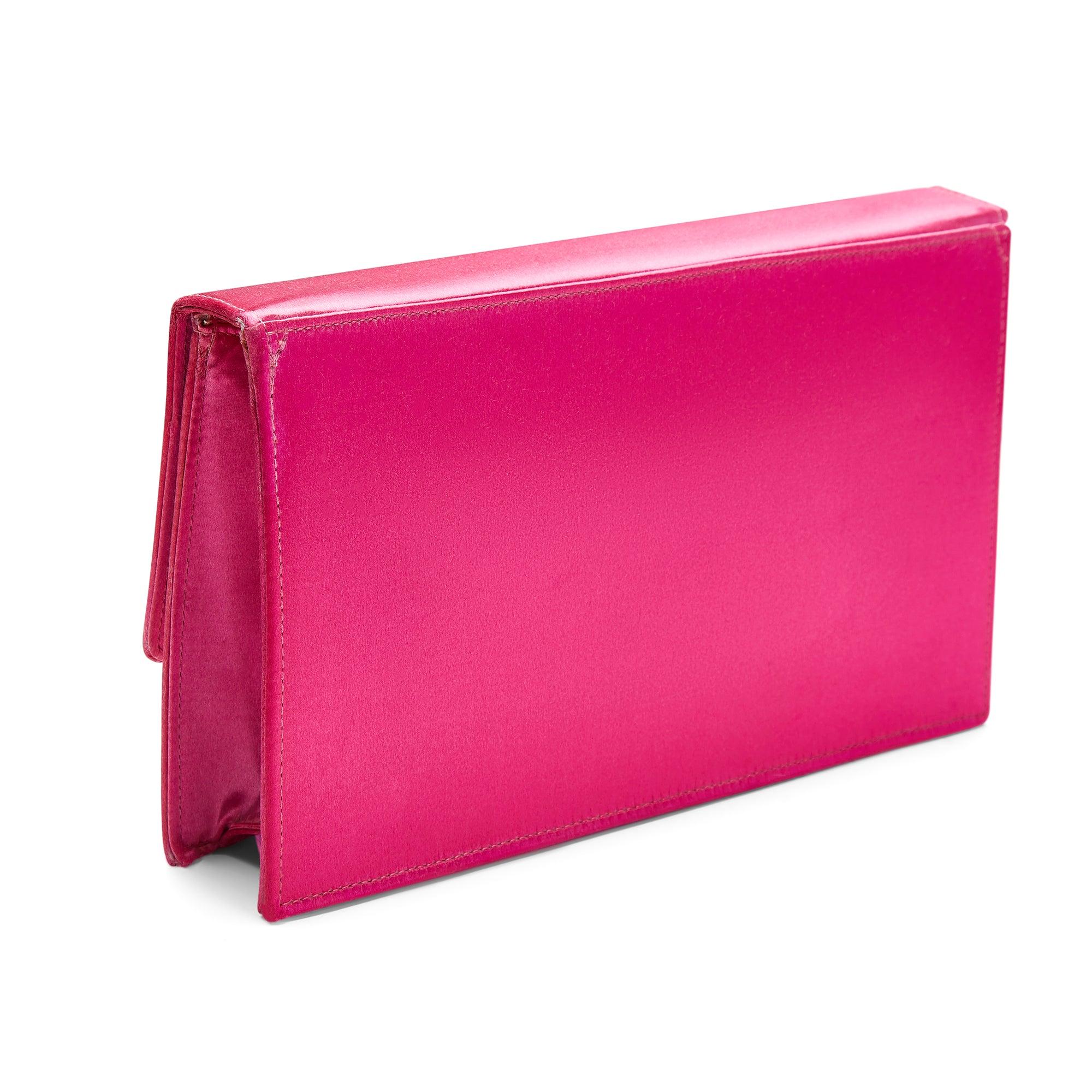Women's 1980s Launer London Tosca Silk Pink Clutch with Gold Chain Strap For Sale