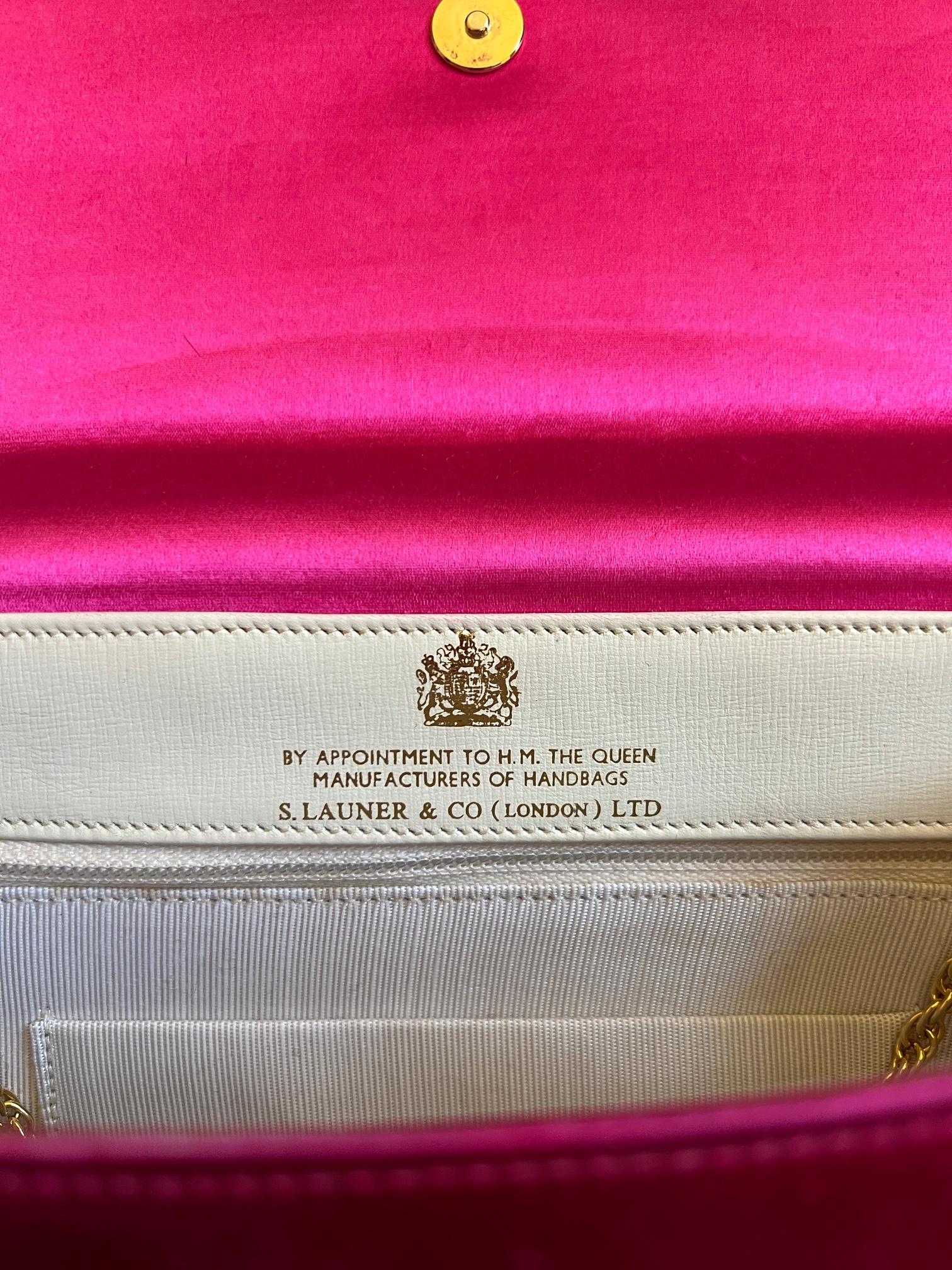 1980s Launer London Tosca Silk Pink Clutch with Gold Chain Strap For Sale 2