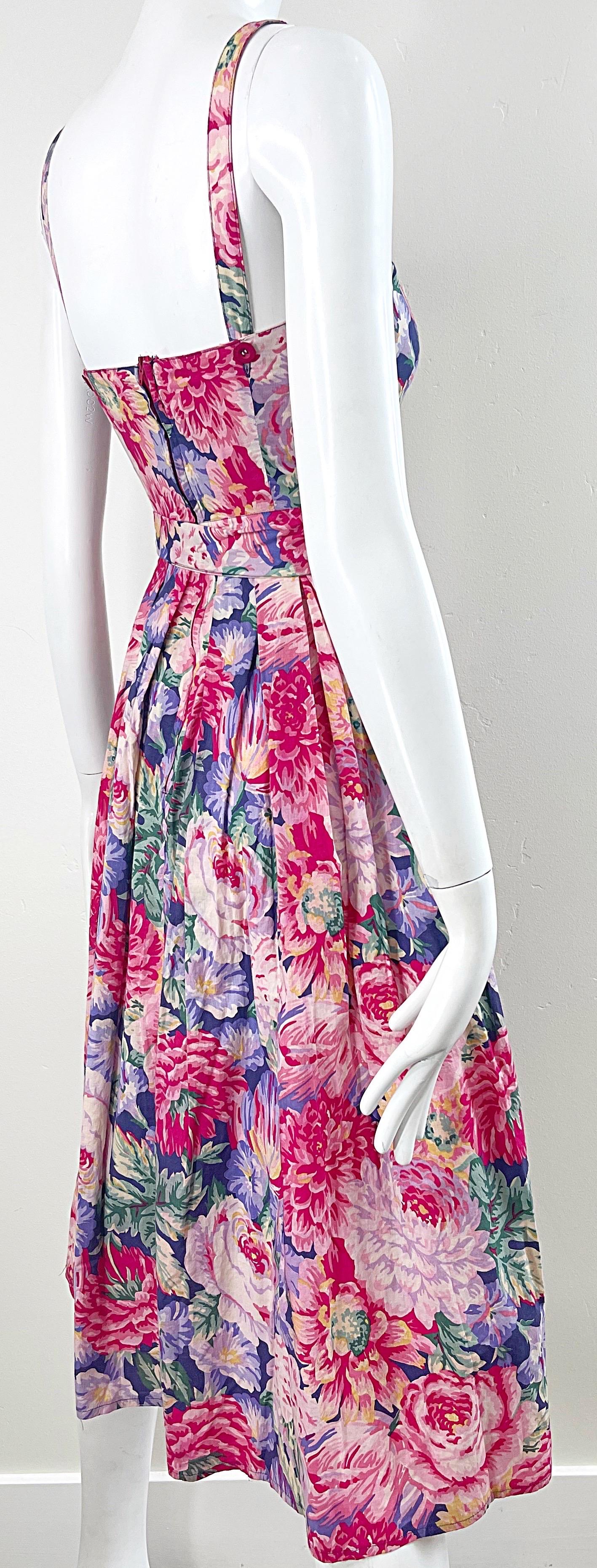 1980s Laura Ashley Pink + Purple Floral Cotton Vintage 80s Sleeveless Dress XS en vente 7