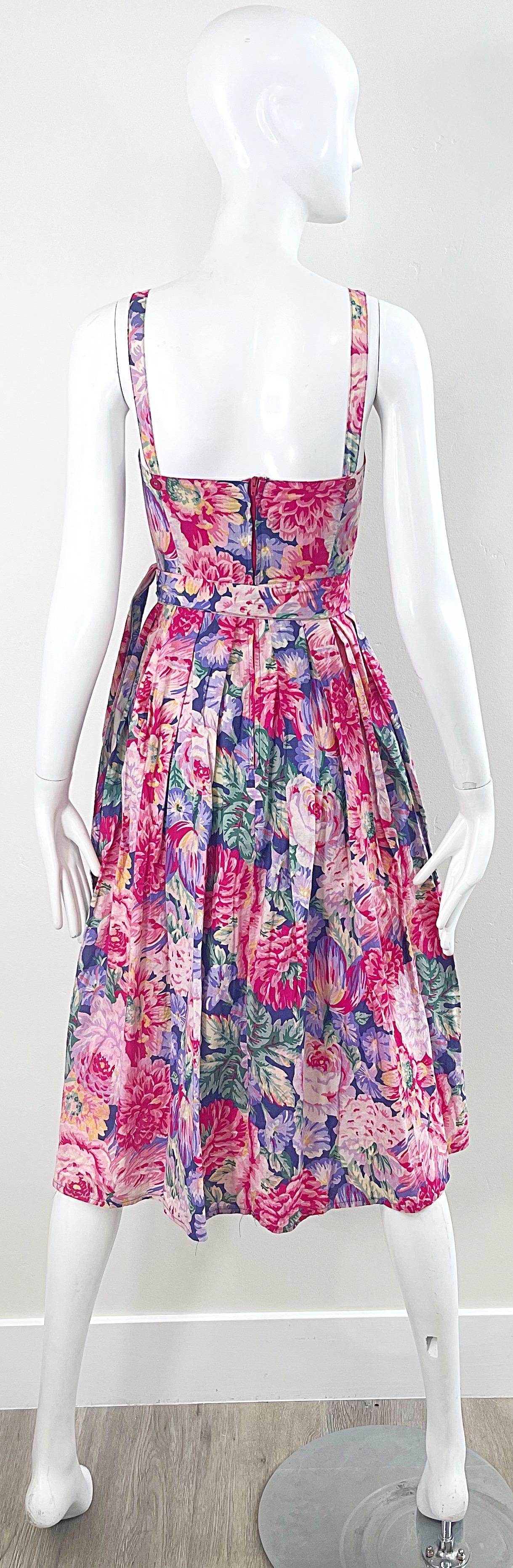 1980s Laura Ashley Pink + Purple Floral Cotton Vintage 80s Sleeveless Dress XS en vente 9