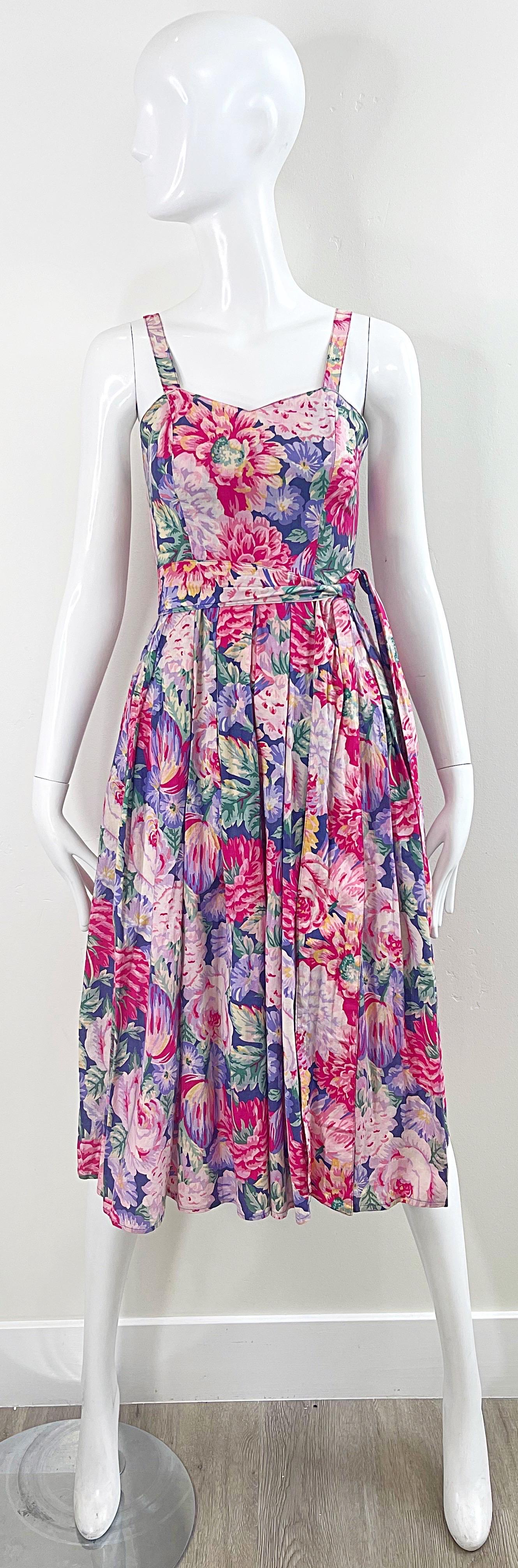 1980s Laura Ashley Pink + Purple Floral Cotton Vintage 80s Sleeveless Dress XS For Sale 10