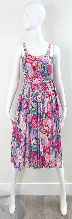 1980s Laura Ashley Pink + Purple Floral Cotton Vintage 80s Sleeveless Dress XS