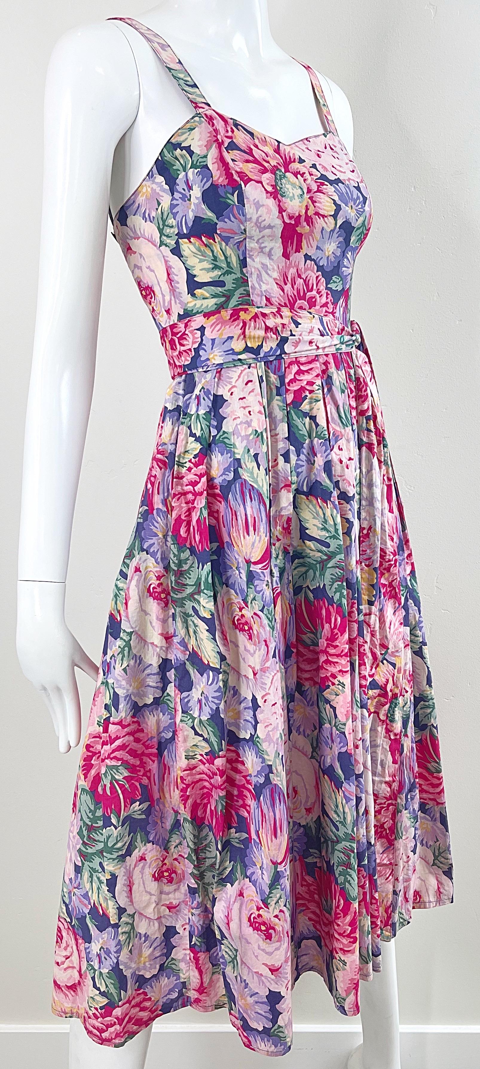 1980s Laura Ashley Pink + Purple Floral Cotton Vintage 80s Sleeveless Dress XS For Sale 2