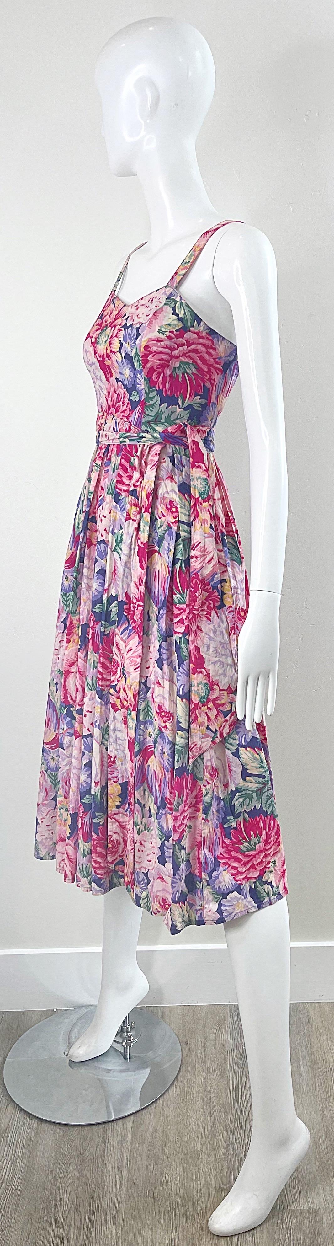 1980s Laura Ashley Pink + Purple Floral Cotton Vintage 80s Sleeveless Dress XS For Sale 3