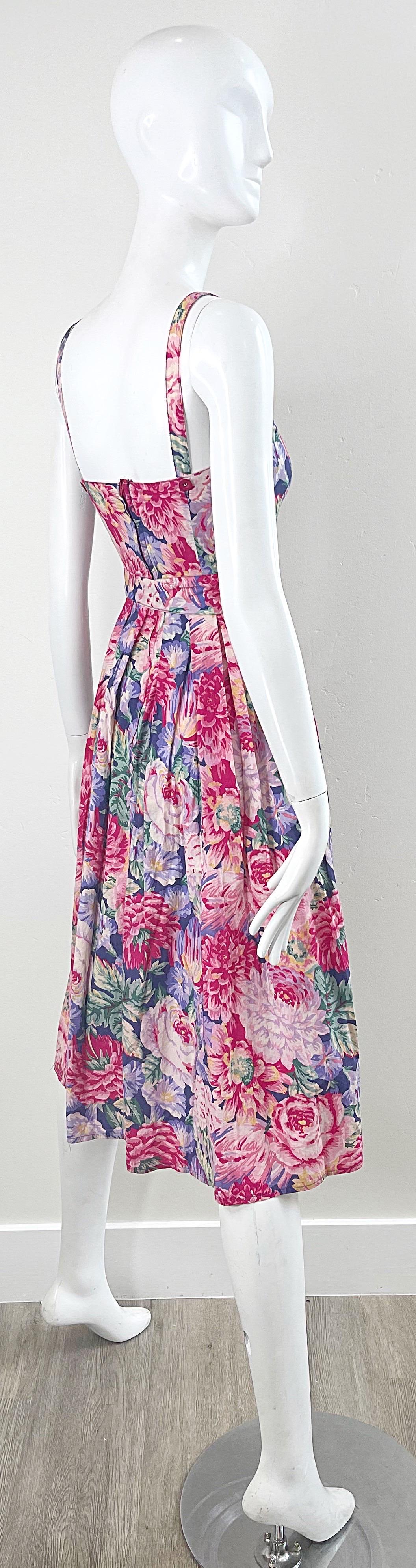 1980s Laura Ashley Pink + Purple Floral Cotton Vintage 80s Sleeveless Dress XS For Sale 4