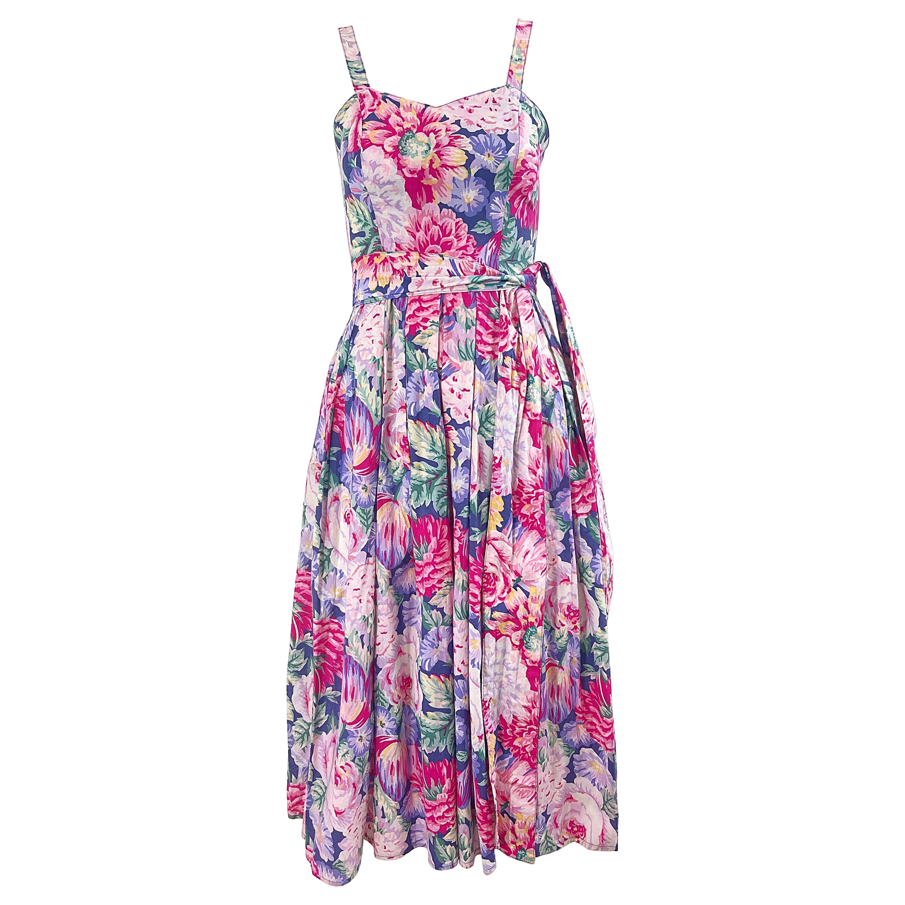1980er Laura Ashley Rosa + Lila Vintage 80er Jahre ärmelloses Kleid aus Baumwolle mit Blumenmuster XS