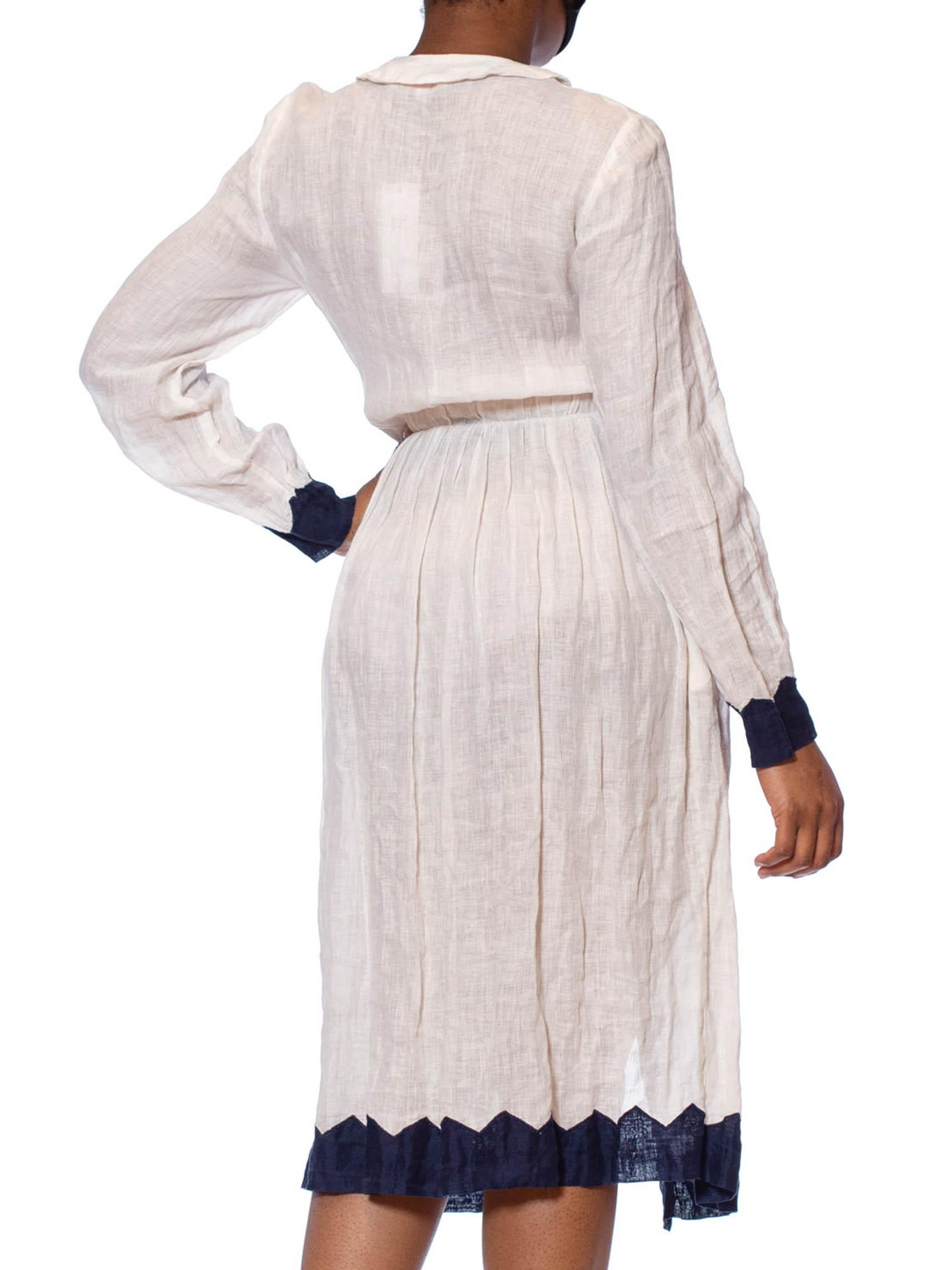 1980S LAURA BIAGIOTTI Blue & White Linen Long Sleeve Shirt Dress With Pockets 1
