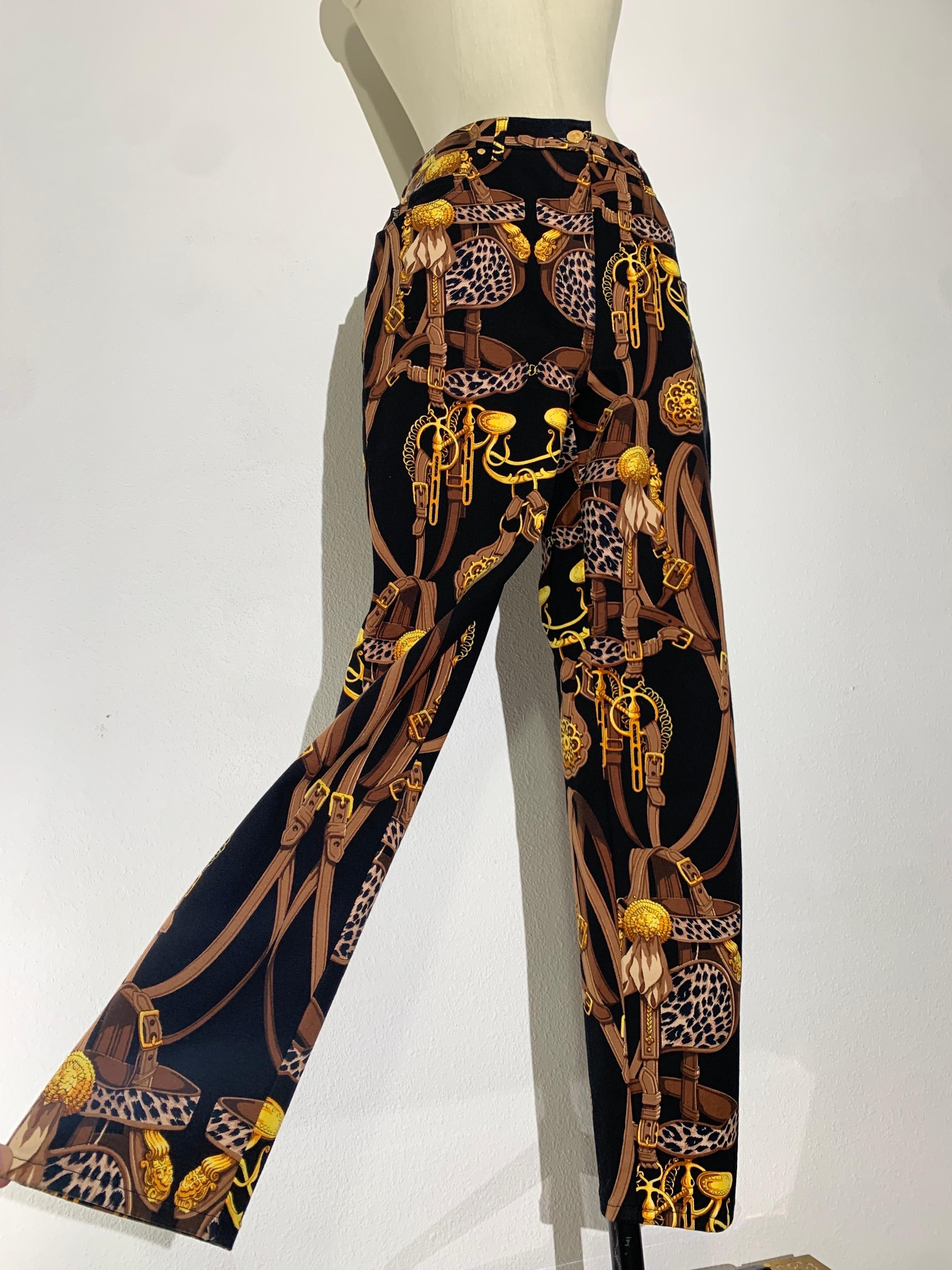 1980s Laurel Western-Inspired Print Black Denim Pants Jeans: New, never worn. Tapered leg with high waist and full cut plus a bit of stretch for curvy girls. Four pockets with gold grommets and button. Fits US size 8-10.