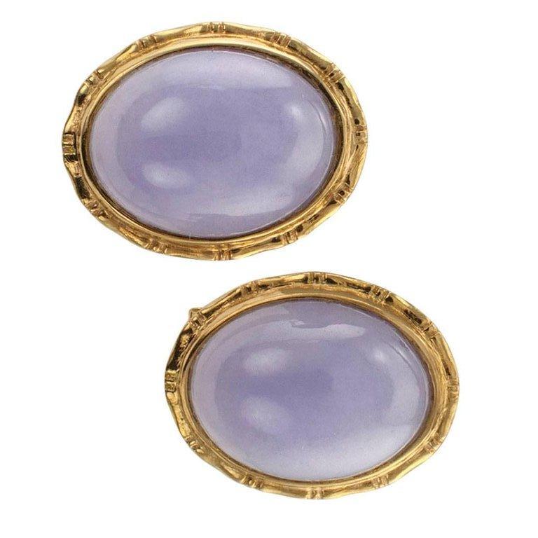 Oval Cut  1980s Lavender Jade Gold Earrings