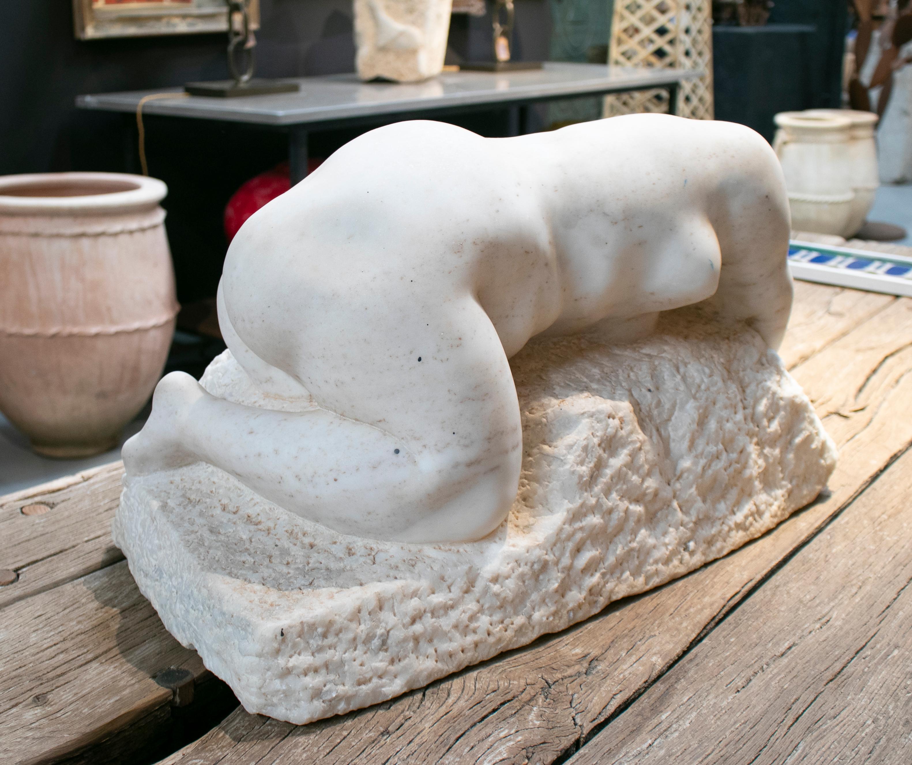 1980s Laying Woman Hand Carved White Marble Sculpture In Good Condition In Marbella, ES