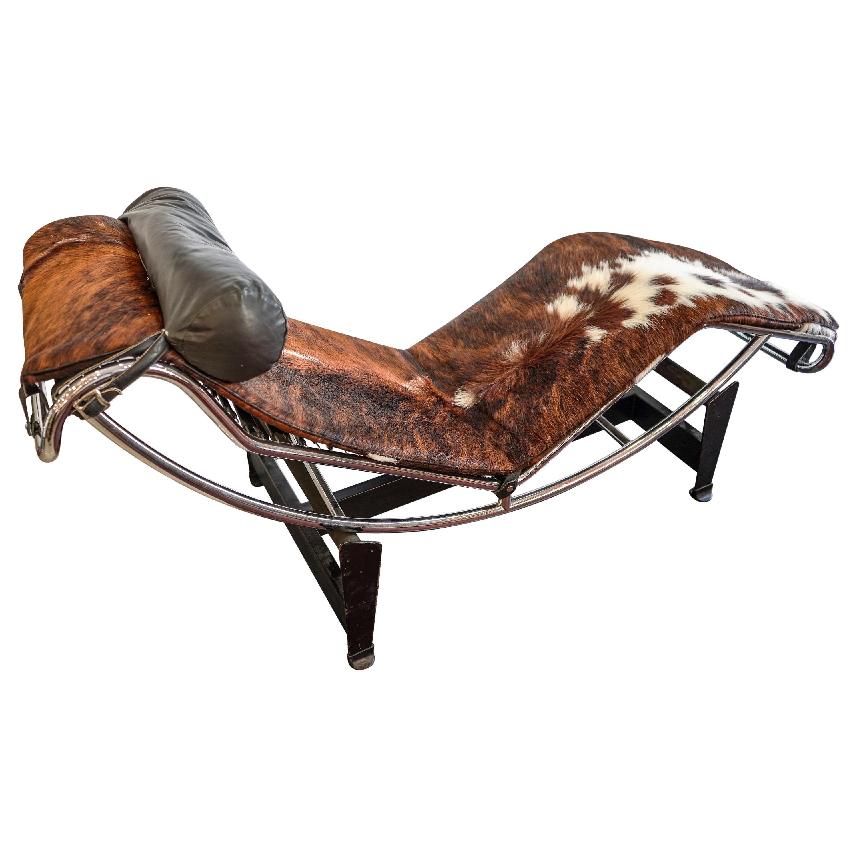 1980s LC4 Le Corbusier Style Chaise Longue, in Chrome Stell and Cowhide