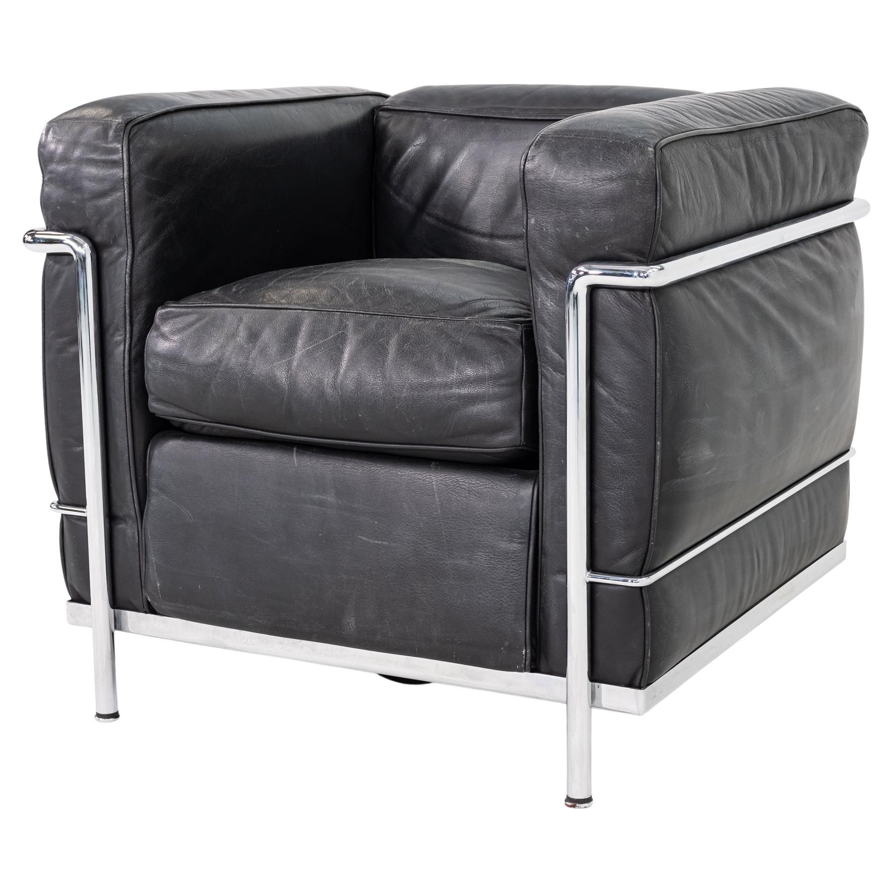 1980s Le Corbusier Jeanneret Perriand Cassina Lounge Chair in Black Leather