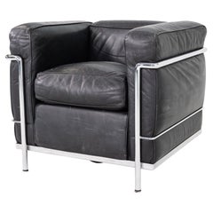1980s Le Corbusier Jeanneret Perriand Cassina Lounge Chair in Black Leather