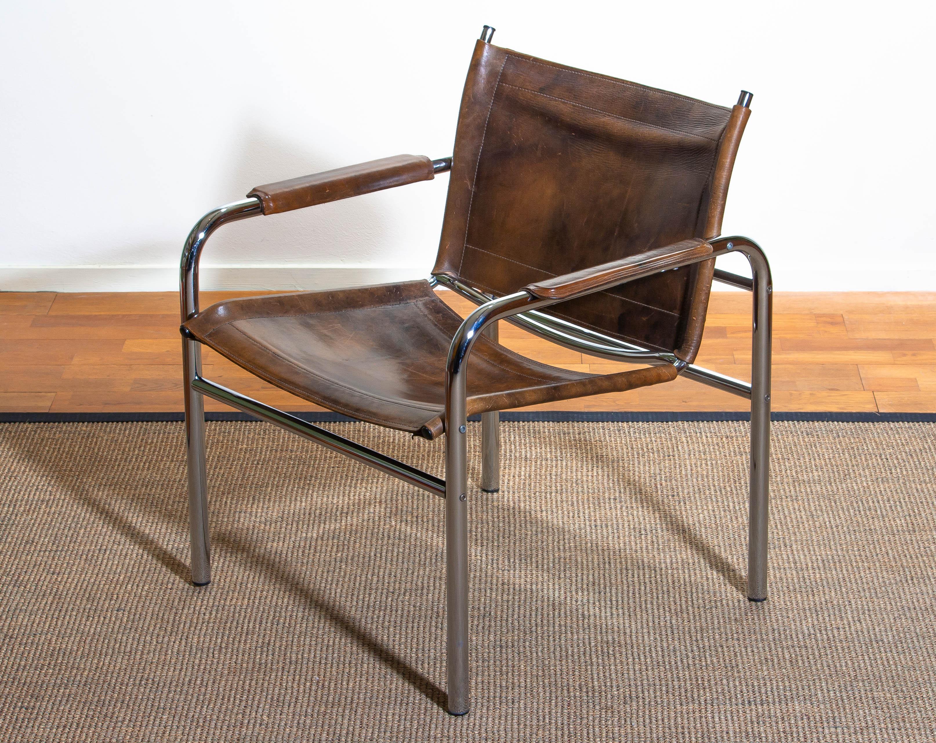 Swedish 1980s Leather and Tubular Steel Armchair by Tord Bjorklund, Sweden 1