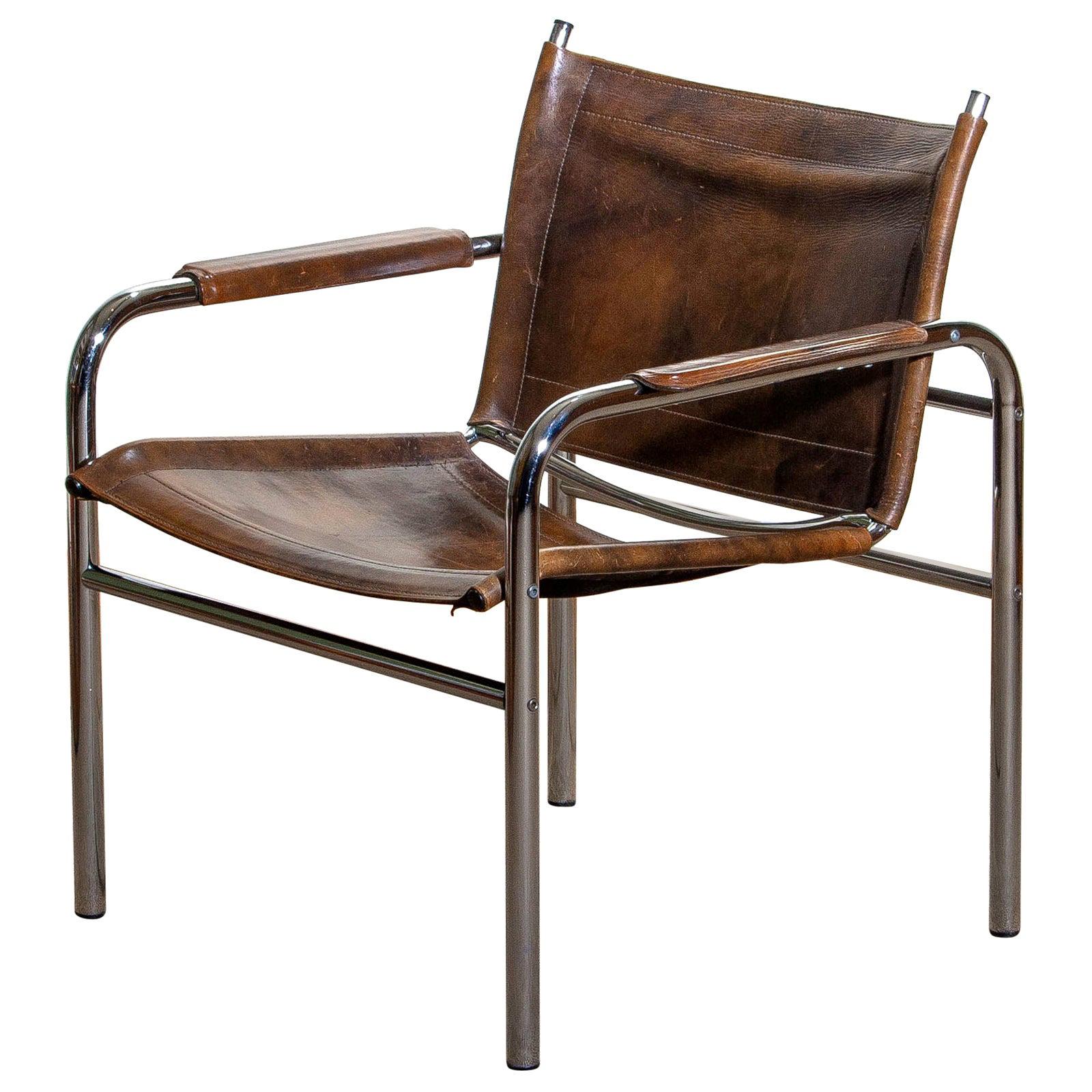1980s Leather and Tubular Steel Armchair by Tord Bjorklund, Sweden 1