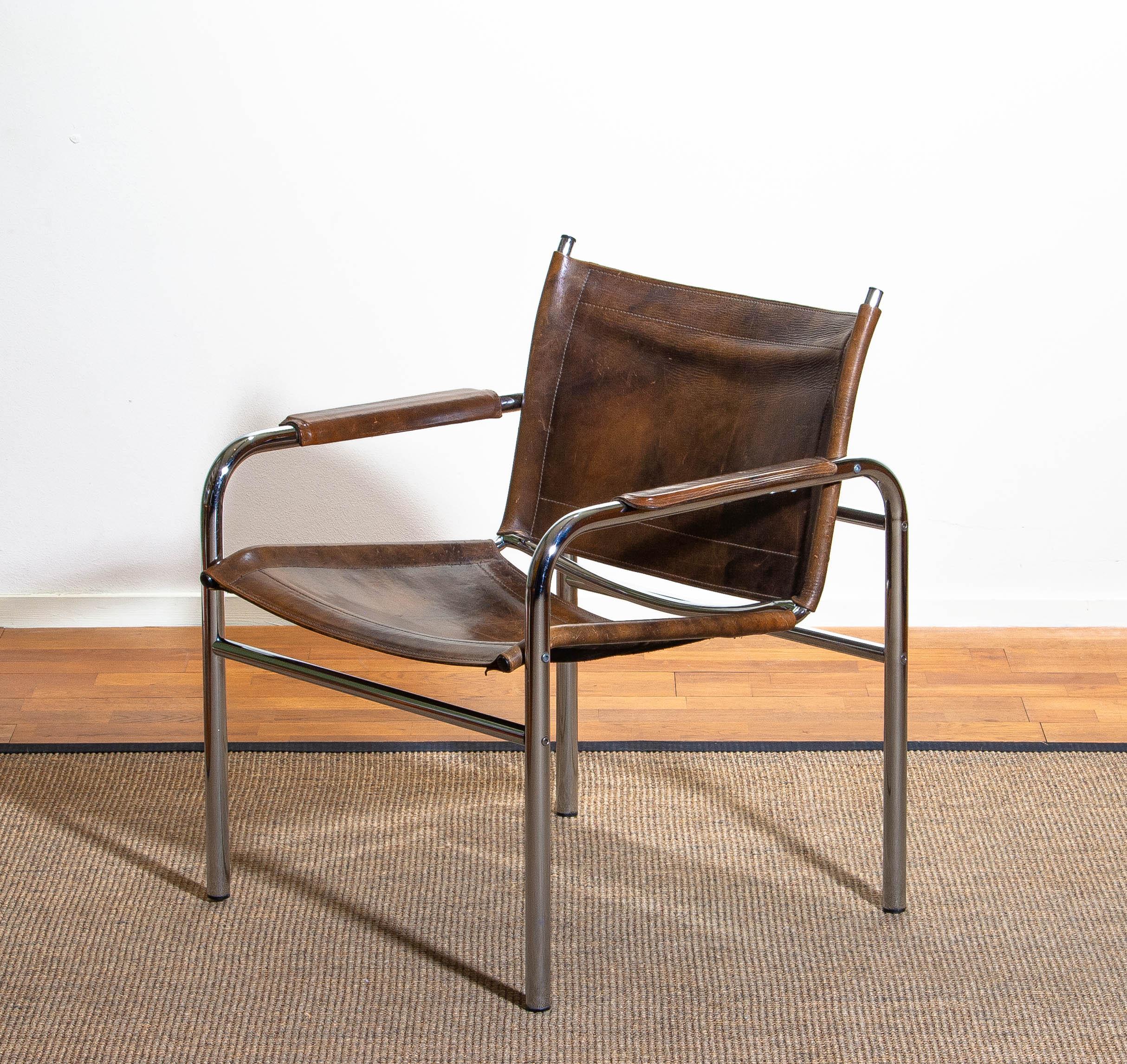 Mid-Century Modern 1980s Leather and Tubular Steel Armchair by Tord Björklund, Sweden