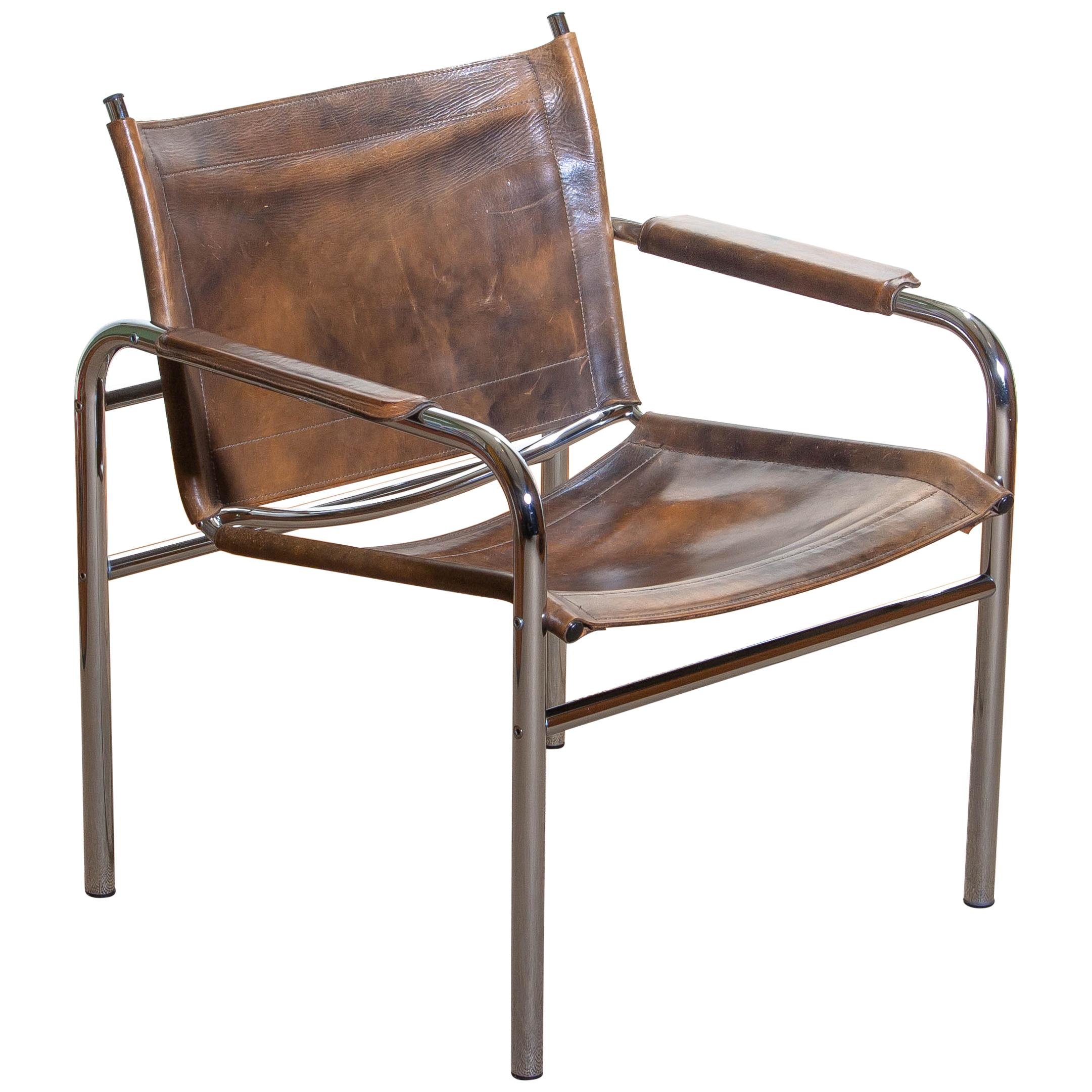 Swedish 1980s Leather and Tubular Steel Armchair by Tord Bjorklund, Sweden