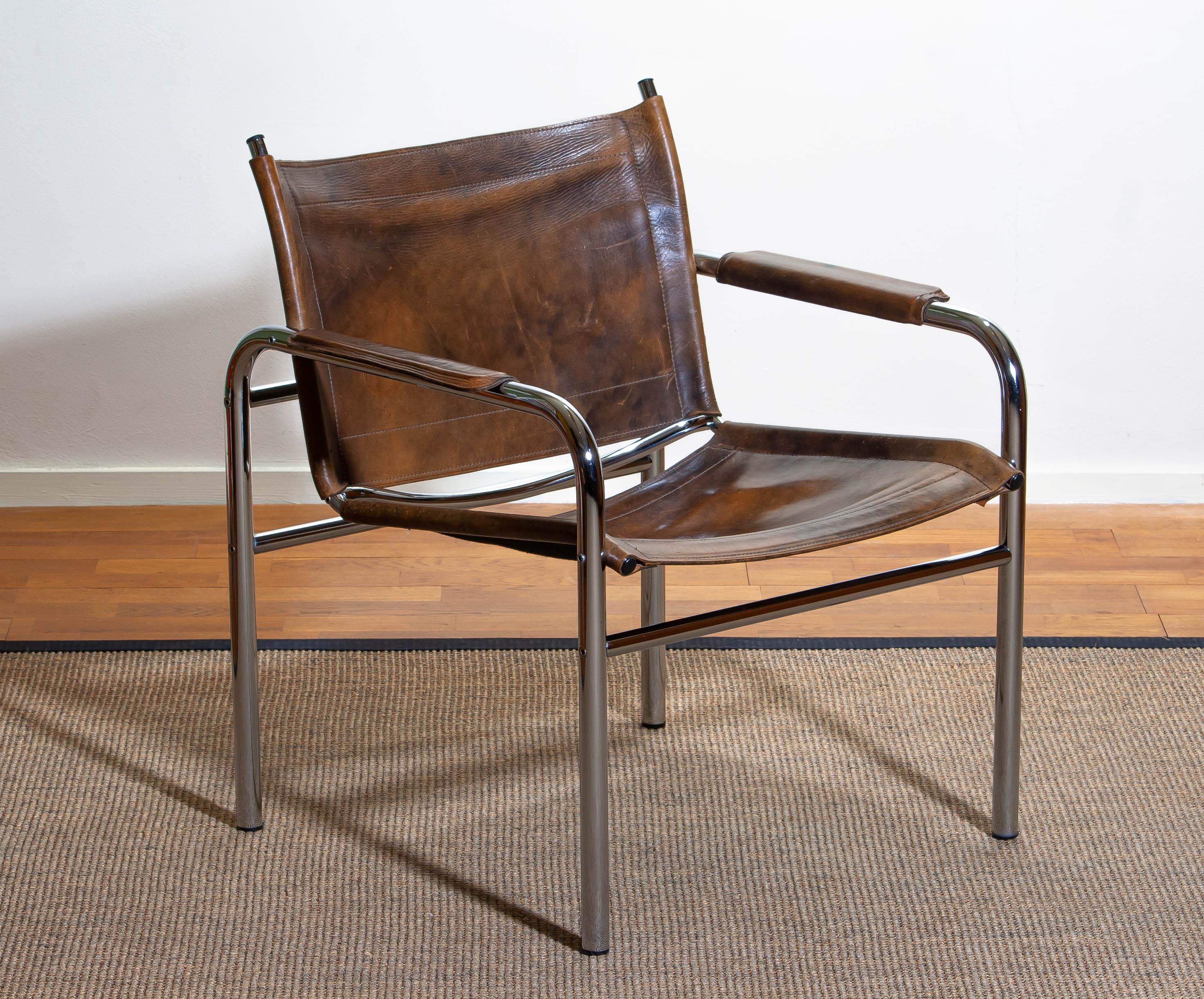 1980s Leather and Tubular Steel Armchair by Tord Björklund, Sweden 3