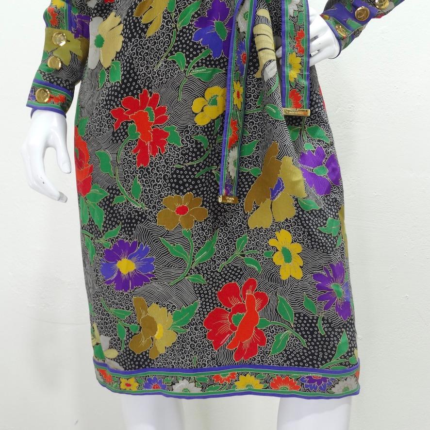 Calling all 80's lovers! This floral Leonard tunic dress is begging to be added to your collection! Adorable 1980s Leonard midi dress featuring a gorgeous contrasting floral print, gold buttons at the neck and sleeves, and a detachable belt to play