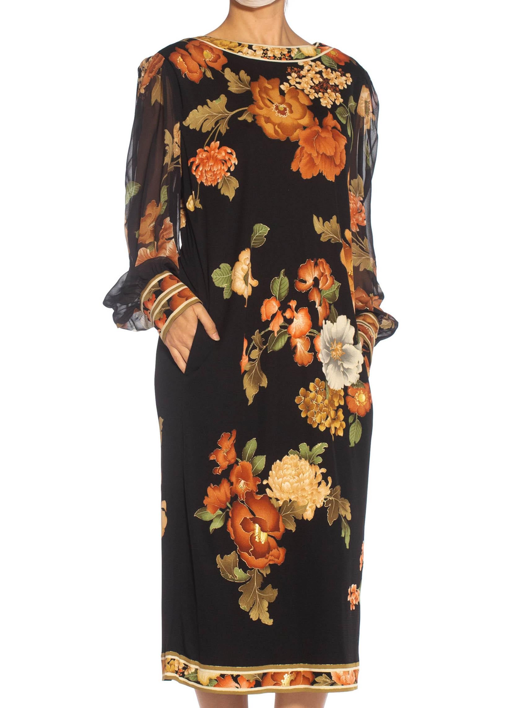 LEONARD Black and Brown Chiffon Floral Printed Long Sleeve Dress with sash 1980S LEONARD Black & Brown Silk Jersey Dress With Chiffon Sleeves Belt 