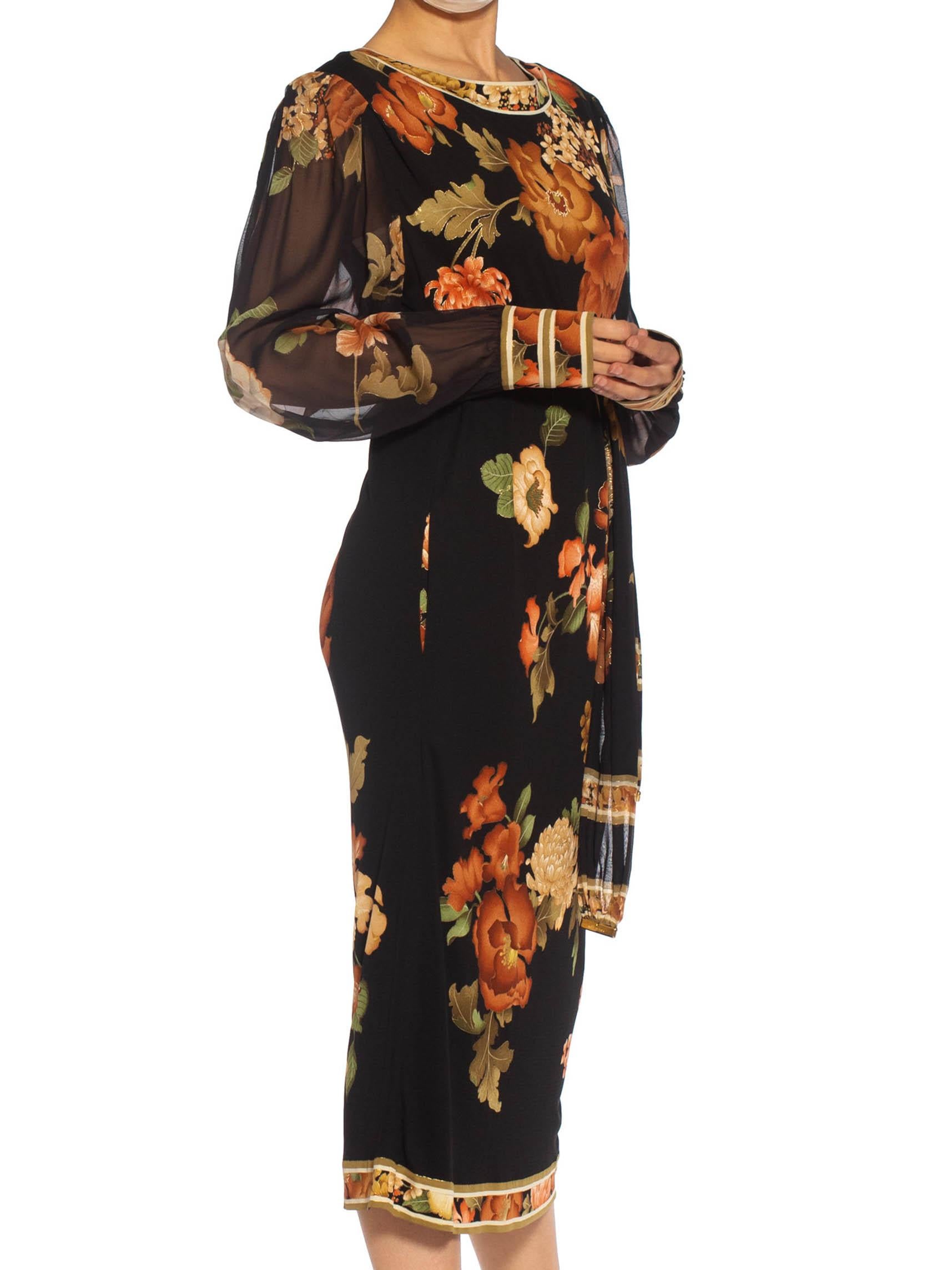 1980S LEONARD Black & Brown Silk Jersey Dress With Chiffon Sleeves Belt In Excellent Condition For Sale In New York, NY
