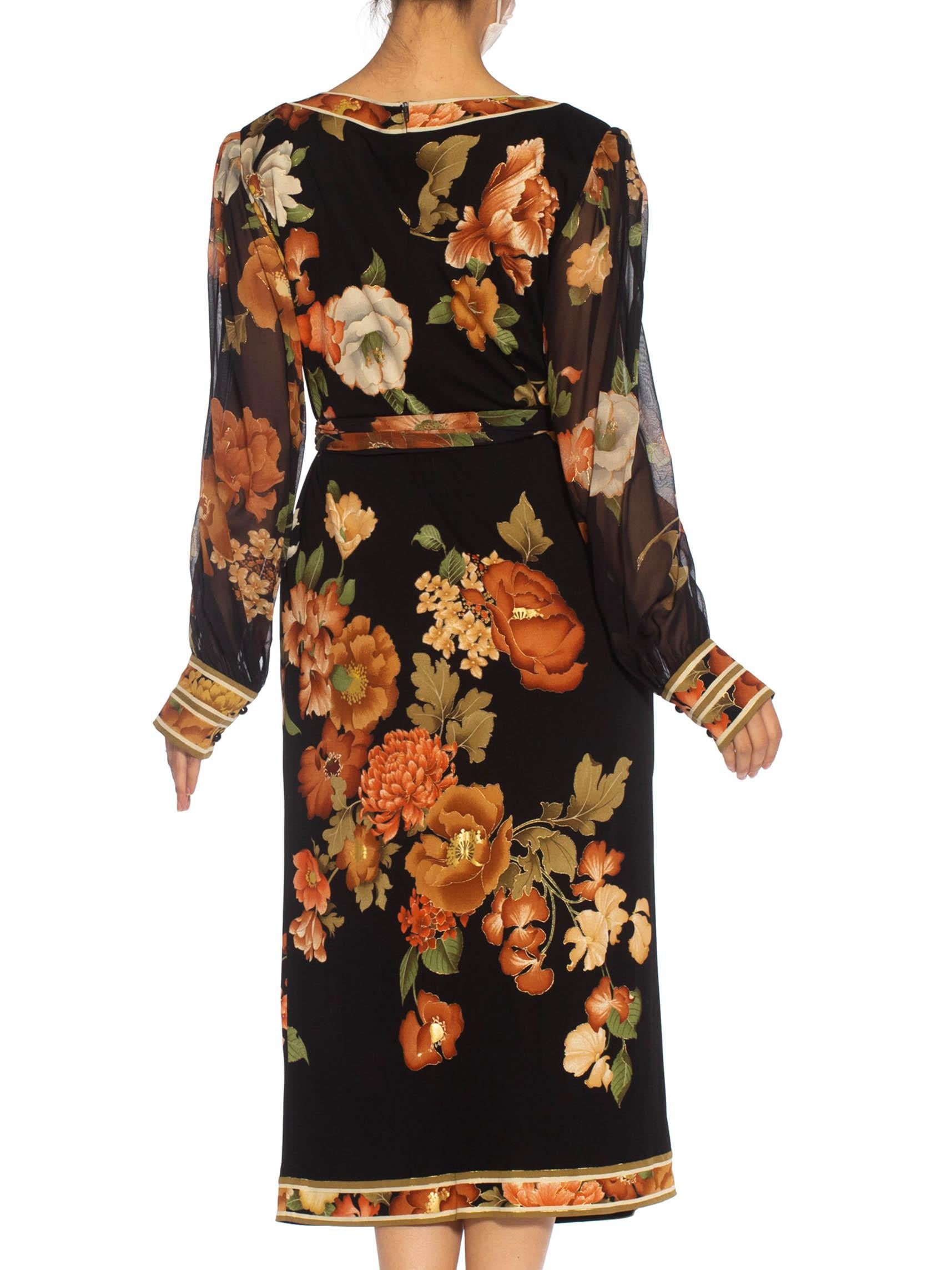 Women's 1980S LEONARD Black & Brown Silk Jersey Dress With Chiffon Sleeves Belt For Sale