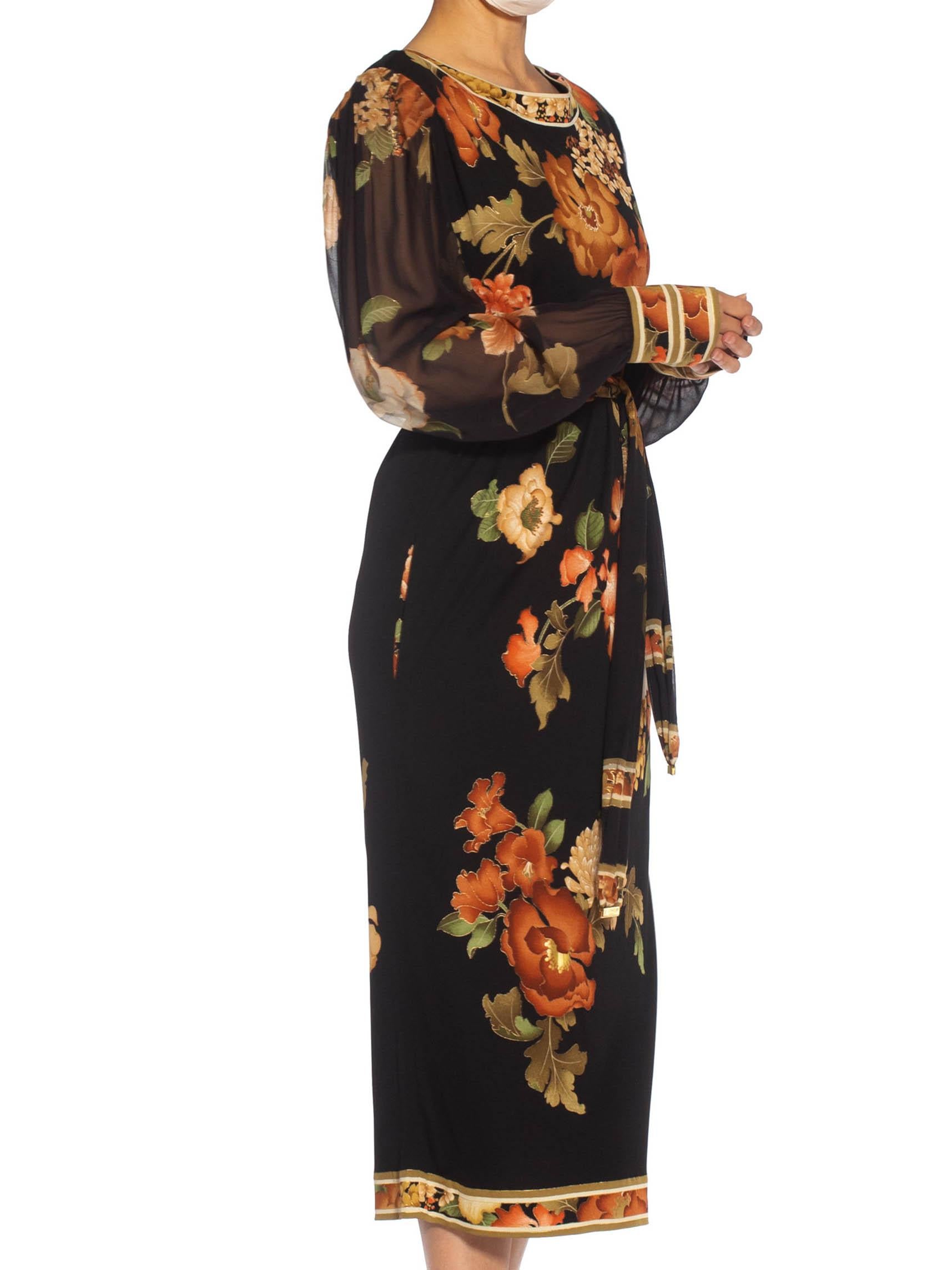 1980S LEONARD Black & Brown Silk Jersey Dress With Chiffon Sleeves Belt For Sale 1