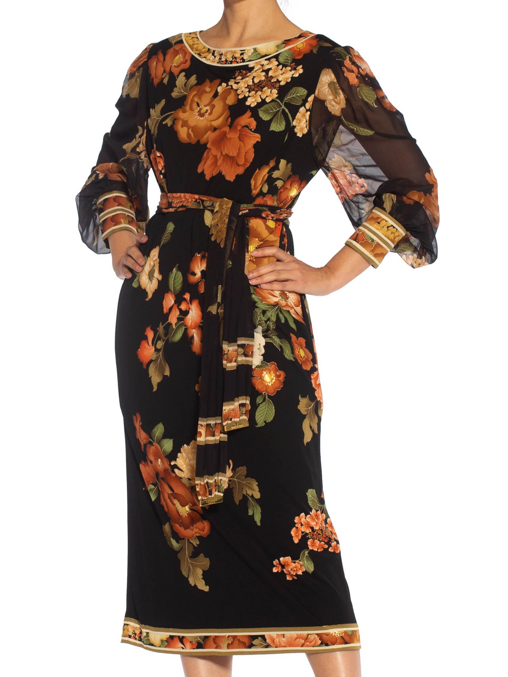 1980S LEONARD Black & Brown Silk Jersey Dress With Chiffon Sleeves Belt For Sale 2