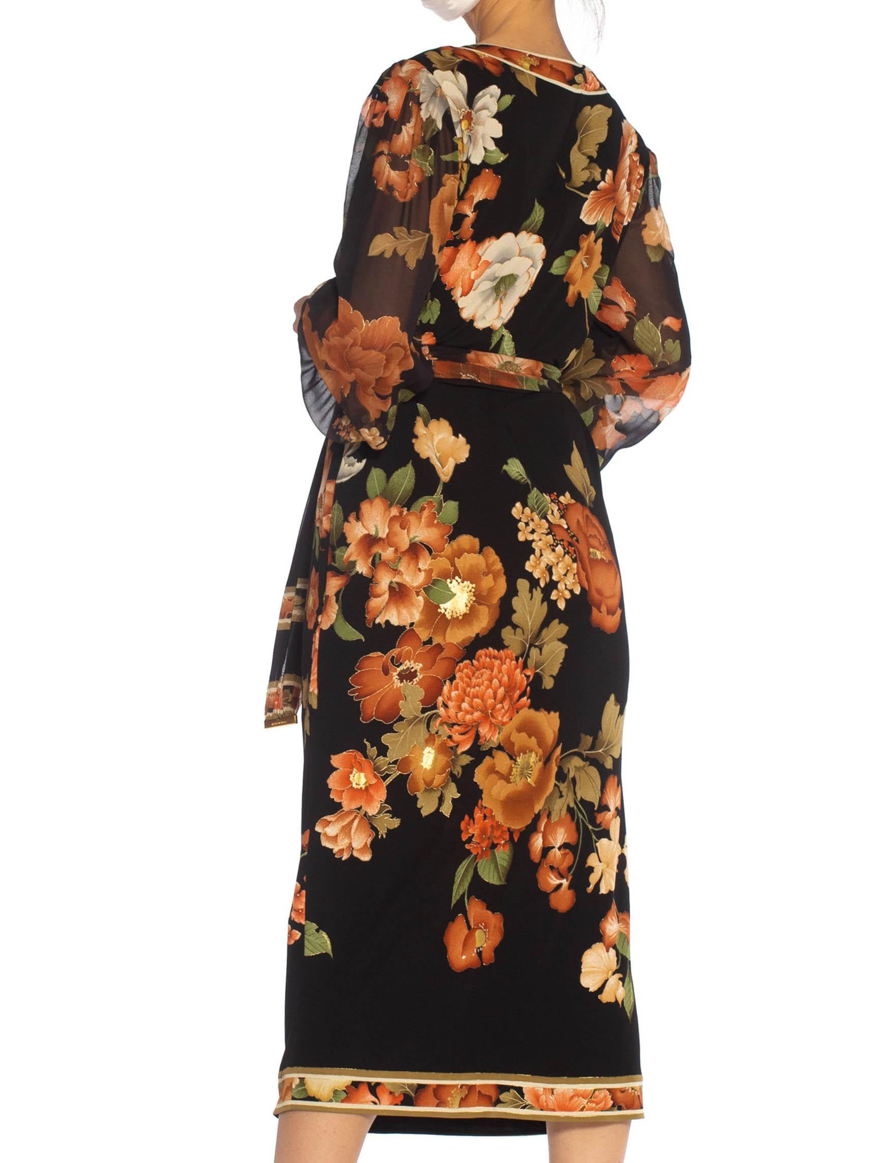1980S LEONARD Black & Brown Silk Jersey Dress With Chiffon Sleeves Belt For Sale 3