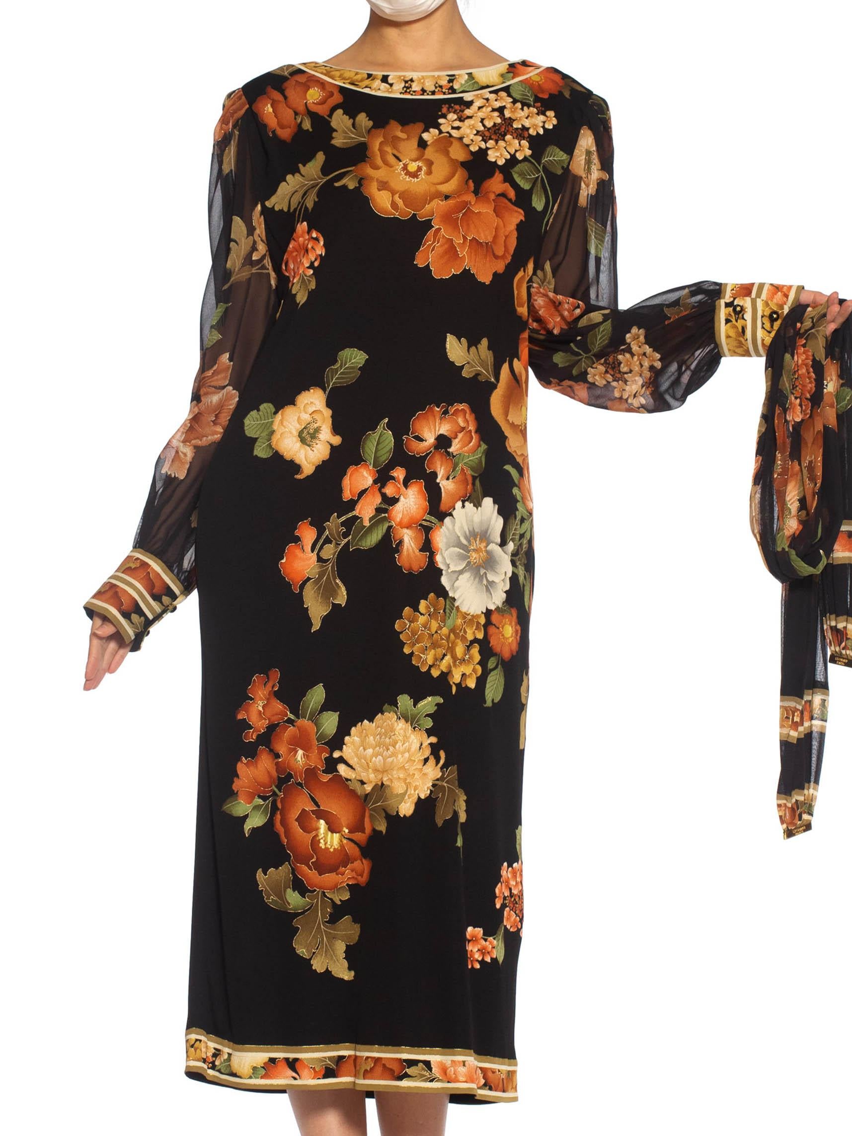 1980S LEONARD Black & Brown Silk Jersey Dress With Chiffon Sleeves Belt For Sale 4