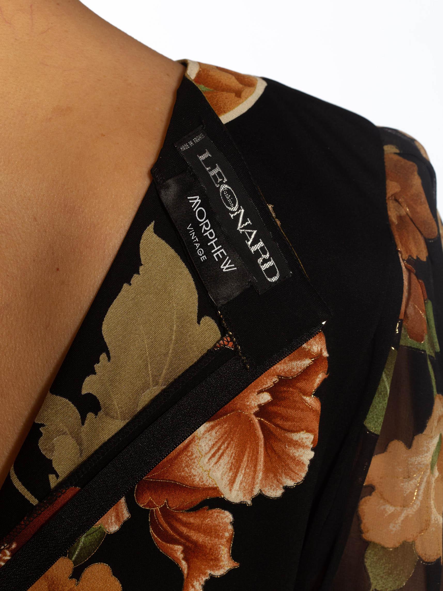 1980S LEONARD Black & Brown Silk Jersey Dress With Chiffon Sleeves Belt For Sale 5