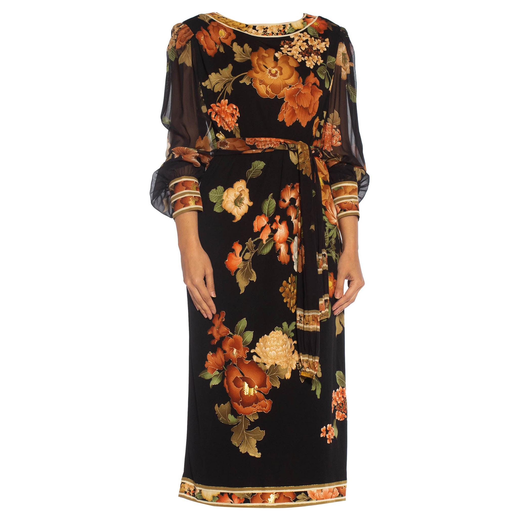 1980S LEONARD Black & Brown Silk Jersey Dress With Chiffon Sleeves Belt For Sale