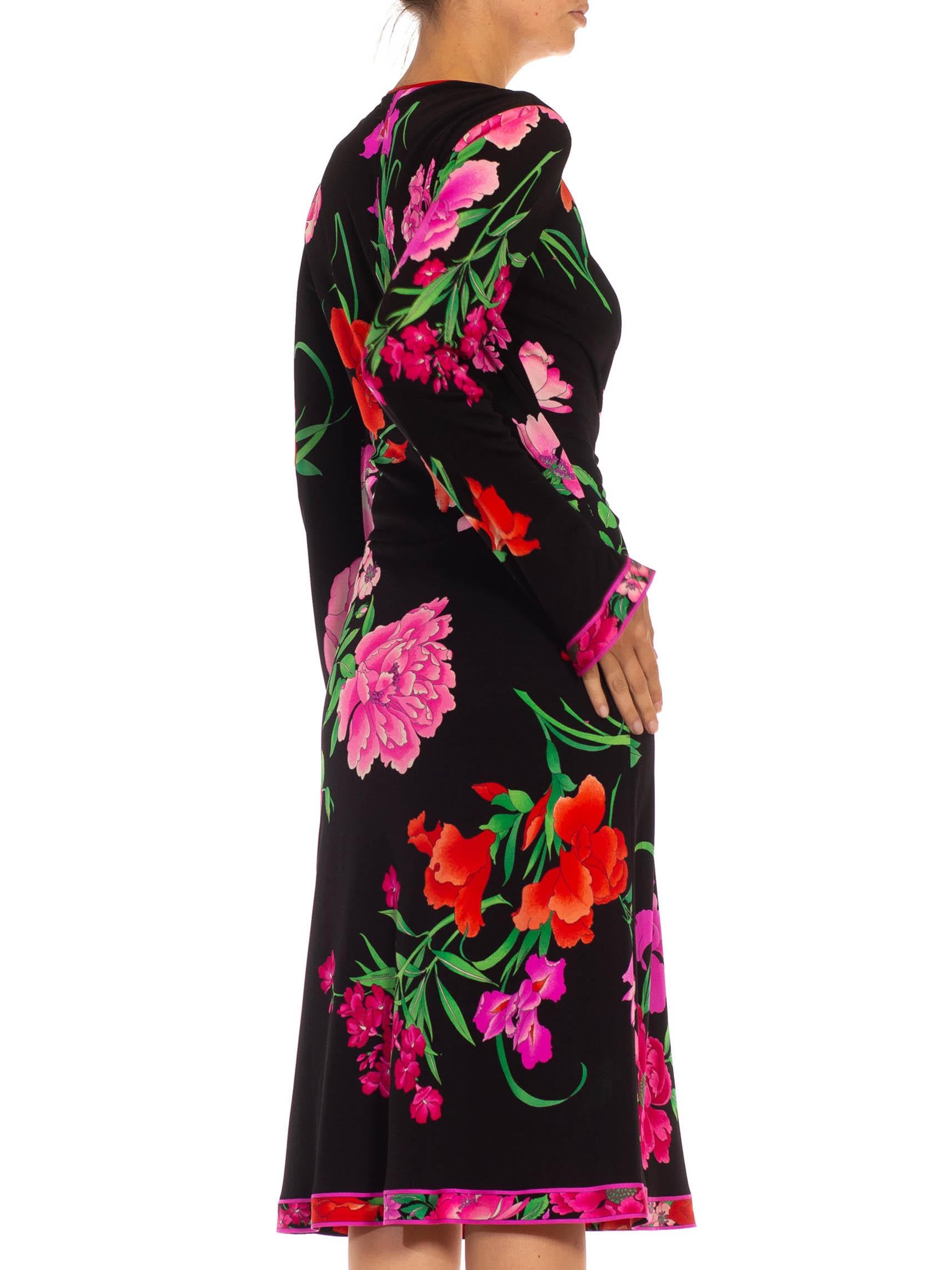 Women's 1980S LEONARD Black & Pink Polyester Jersey Front Ruched Floral Dress For Sale