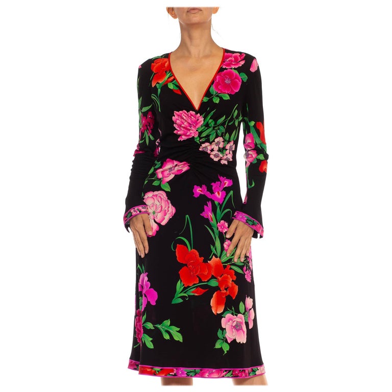 1980s Leonard Black & Pink Polyester Jersey Front Ruched Floral Dress